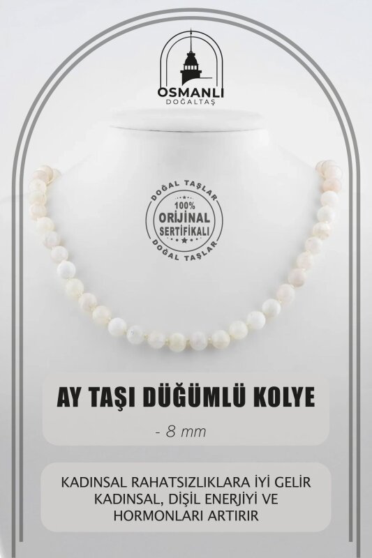 Ay Taşı 8 mm Düğümlü Doğal Taş Kolye - Doğal Taş