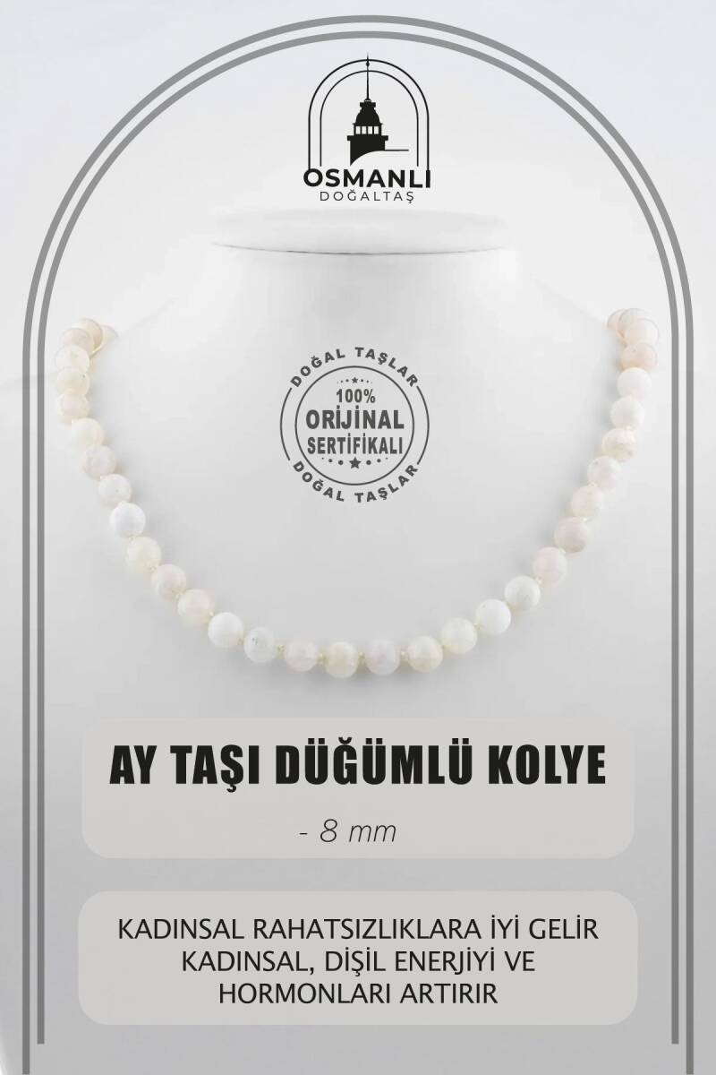 Ay Taşı 8 mm Düğümlü Doğal Taş Kolye - 1