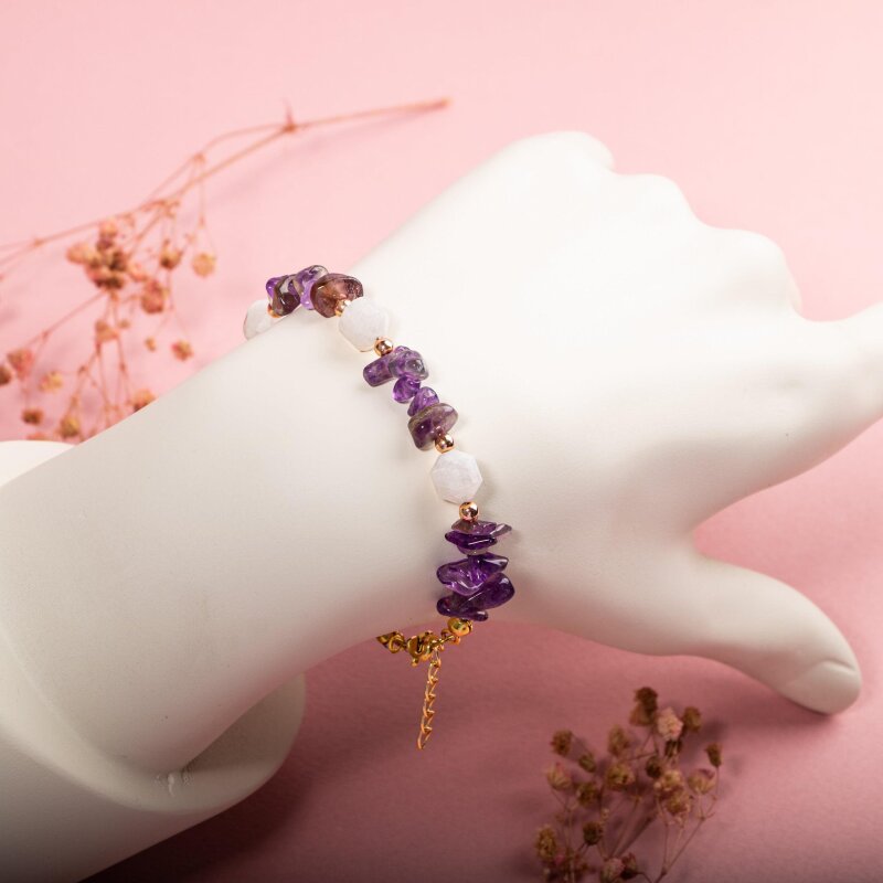 Ay Taşı-Ametist Doğal Taş Altın Kaplama Bileklik - 5