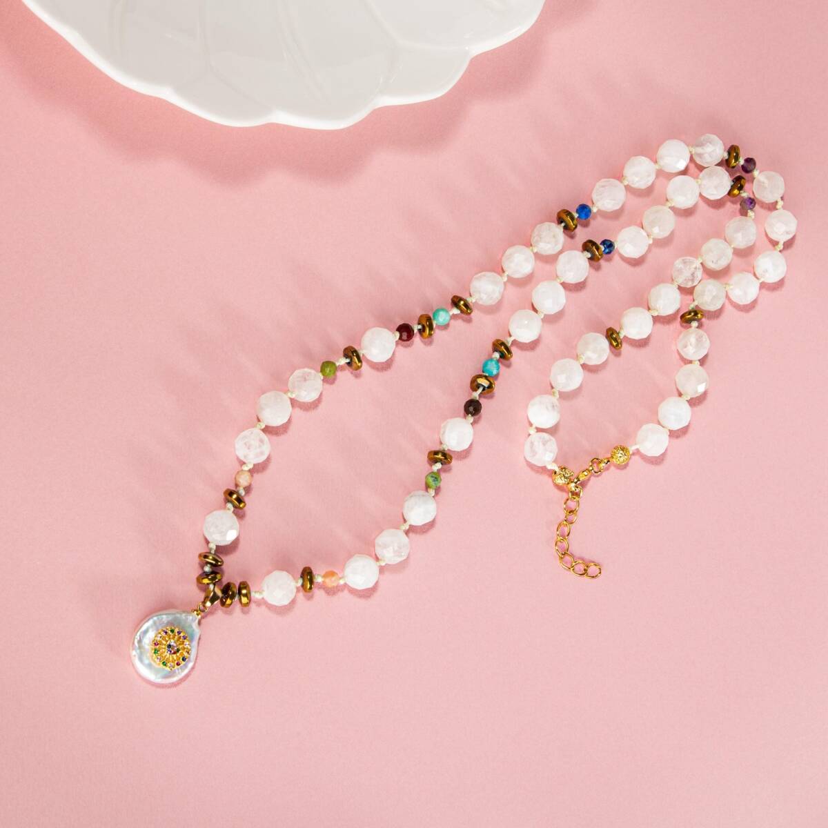 Ay Taşı-Ametist-Lapis-Amazonit-Yeşim-Jasper-Güneş Taşı İnci Model Doğal Taş Kolye - 1