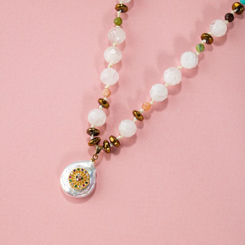 Ay Taşı-Ametist-Lapis-Amazonit-Yeşim-Jasper-Güneş Taşı İnci Model Doğal Taş Kolye - 3