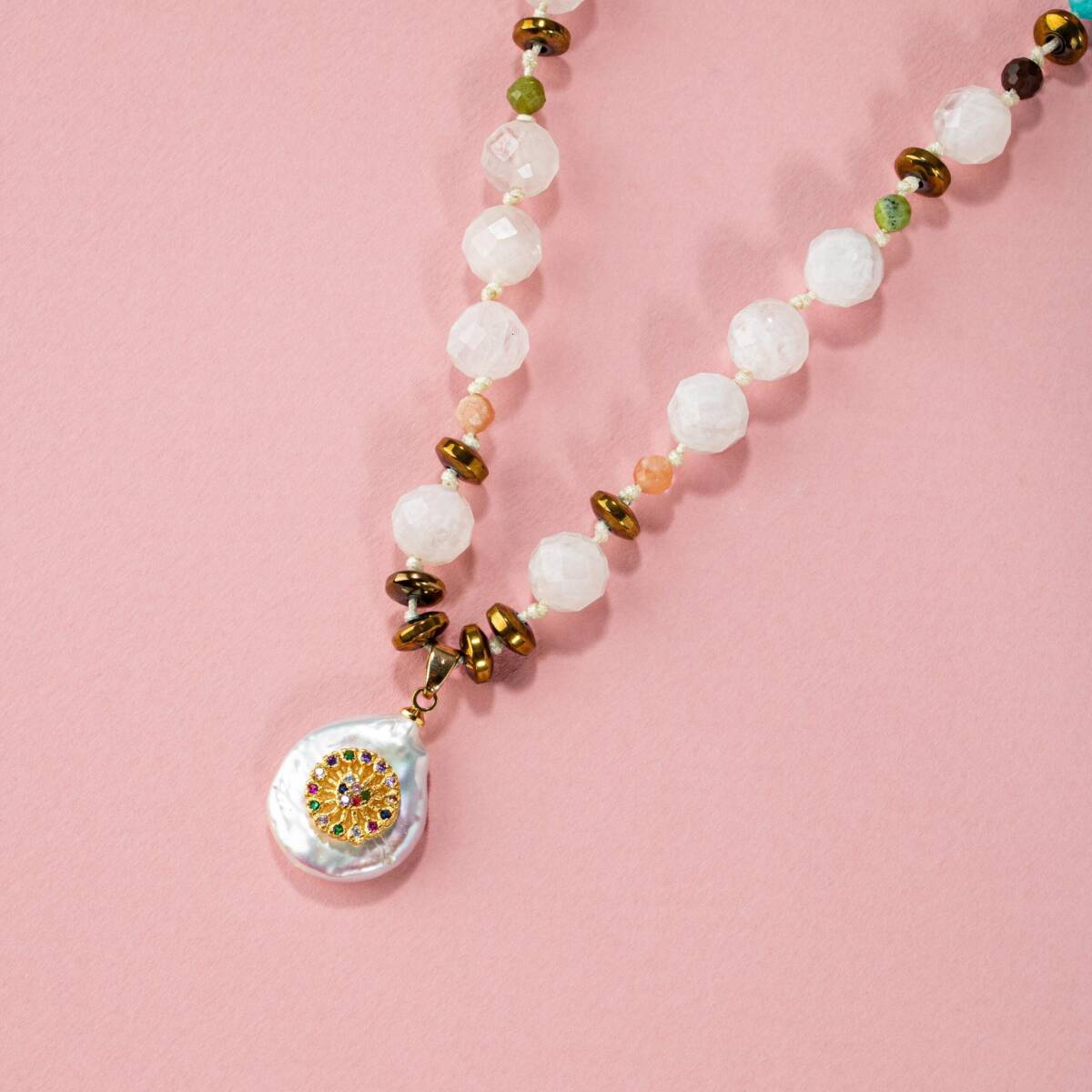 Ay Taşı-Ametist-Lapis-Amazonit-Yeşim-Jasper-Güneş Taşı İnci Model Doğal Taş Kolye - 3