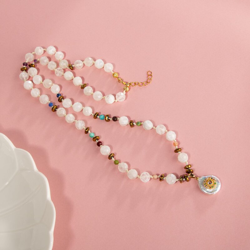 Ay Taşı-Ametist-Lapis-Amazonit-Yeşim-Jasper-Güneş Taşı İnci Model Doğal Taş Kolye - 4