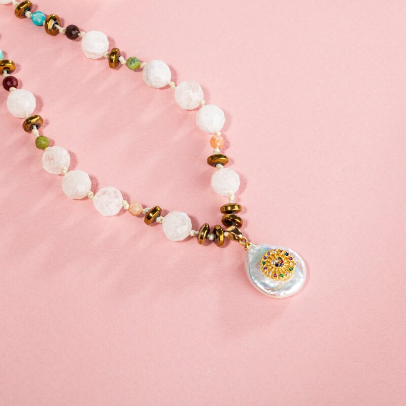 Ay Taşı-Ametist-Lapis-Amazonit-Yeşim-Jasper-Güneş Taşı İnci Model Doğal Taş Kolye - 5