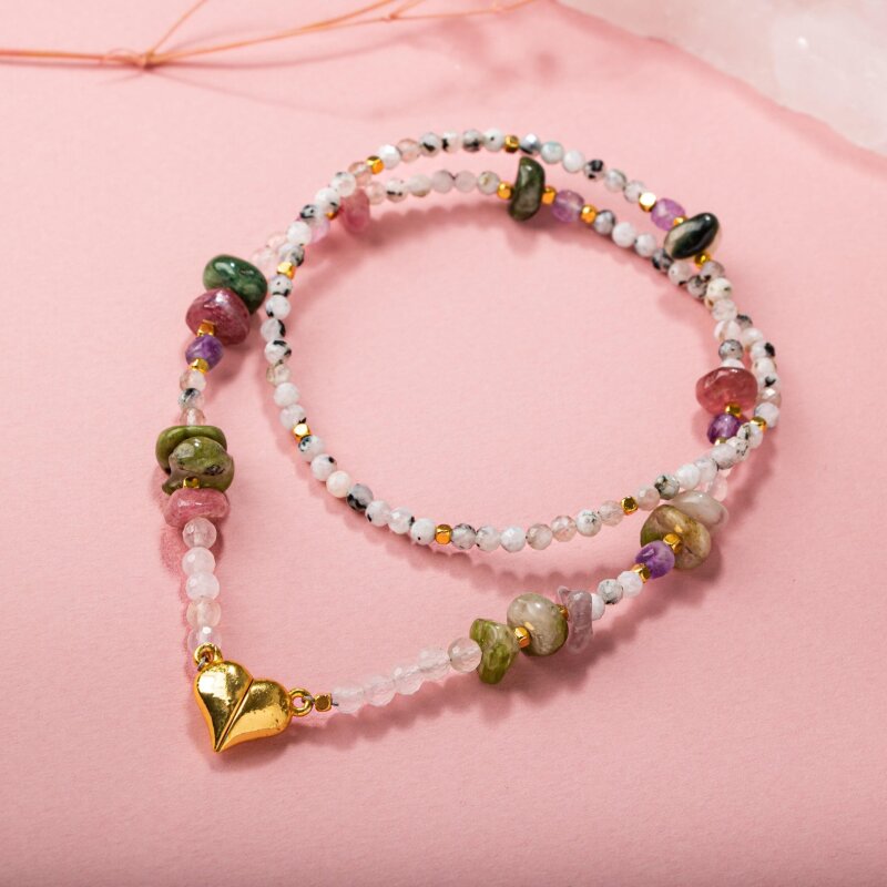 Ay Taşı-Ametist-Renkli Turmalin Doğal Taş Kalpli Kapama Kolye - 2