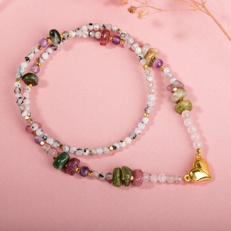 Ay Taşı-Ametist-Renkli Turmalin Doğal Taş Kalpli Kapama Kolye - 3