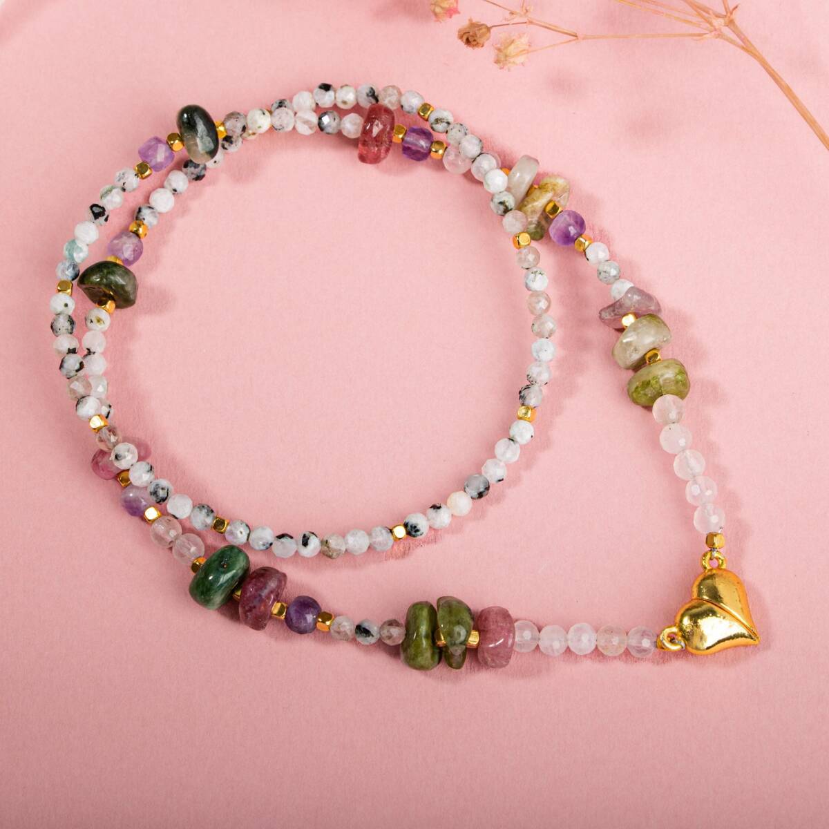 Ay Taşı-Ametist-Renkli Turmalin Doğal Taş Kalpli Kapama Kolye - 3