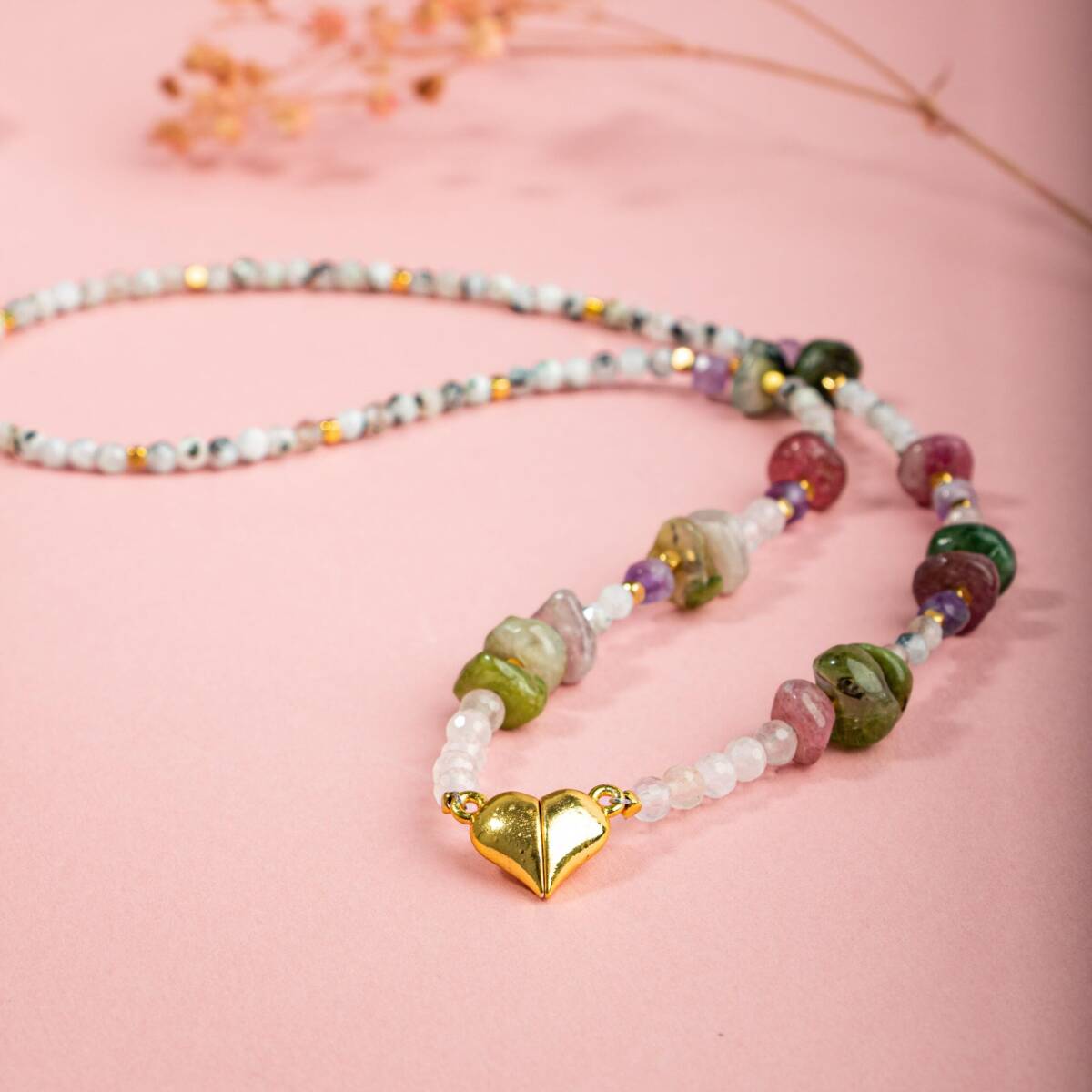 Ay Taşı-Ametist-Renkli Turmalin Doğal Taş Kalpli Kapama Kolye - 4