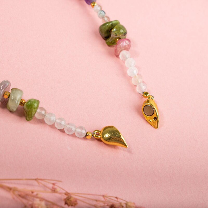 Ay Taşı-Ametist-Renkli Turmalin Doğal Taş Kalpli Kapama Kolye - 5