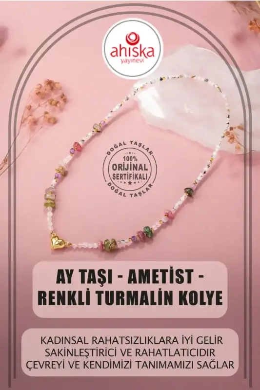 Ay Taşı-Ametist-Renkli Turmalin Doğal Taş Kalpli Kapama Kolye - 1