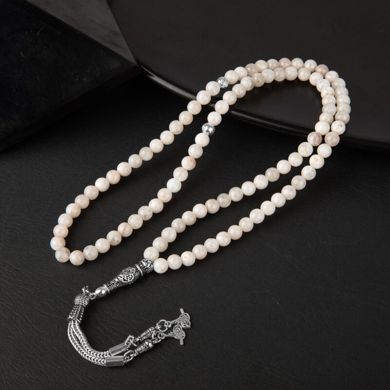 Ay Taşı Doğal Taş Tesbih 99luk - 6mm - Doğal Taş