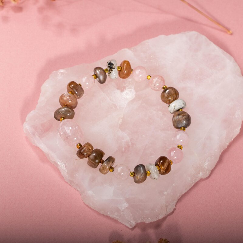 Ay Taşı-Pembe Kuvars-Güneş Taşı Doğal Taş Bileklik - Doğal Taş