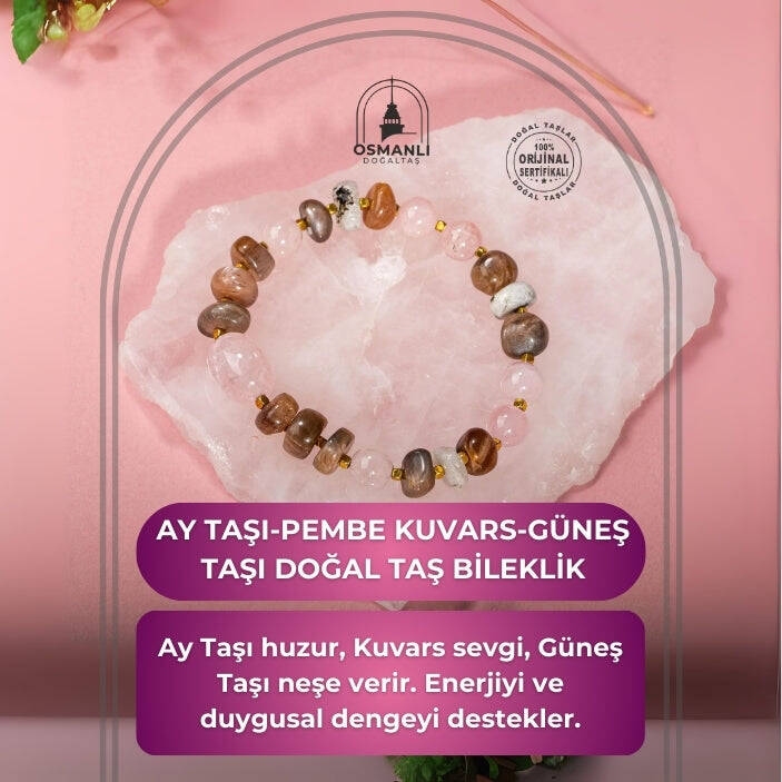 Ay Taşı-Pembe Kuvars-Güneş Taşı Doğal Taş Bileklik - 2