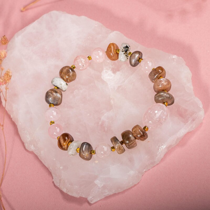 Ay Taşı-Pembe Kuvars-Güneş Taşı Doğal Taş Bileklik - 4