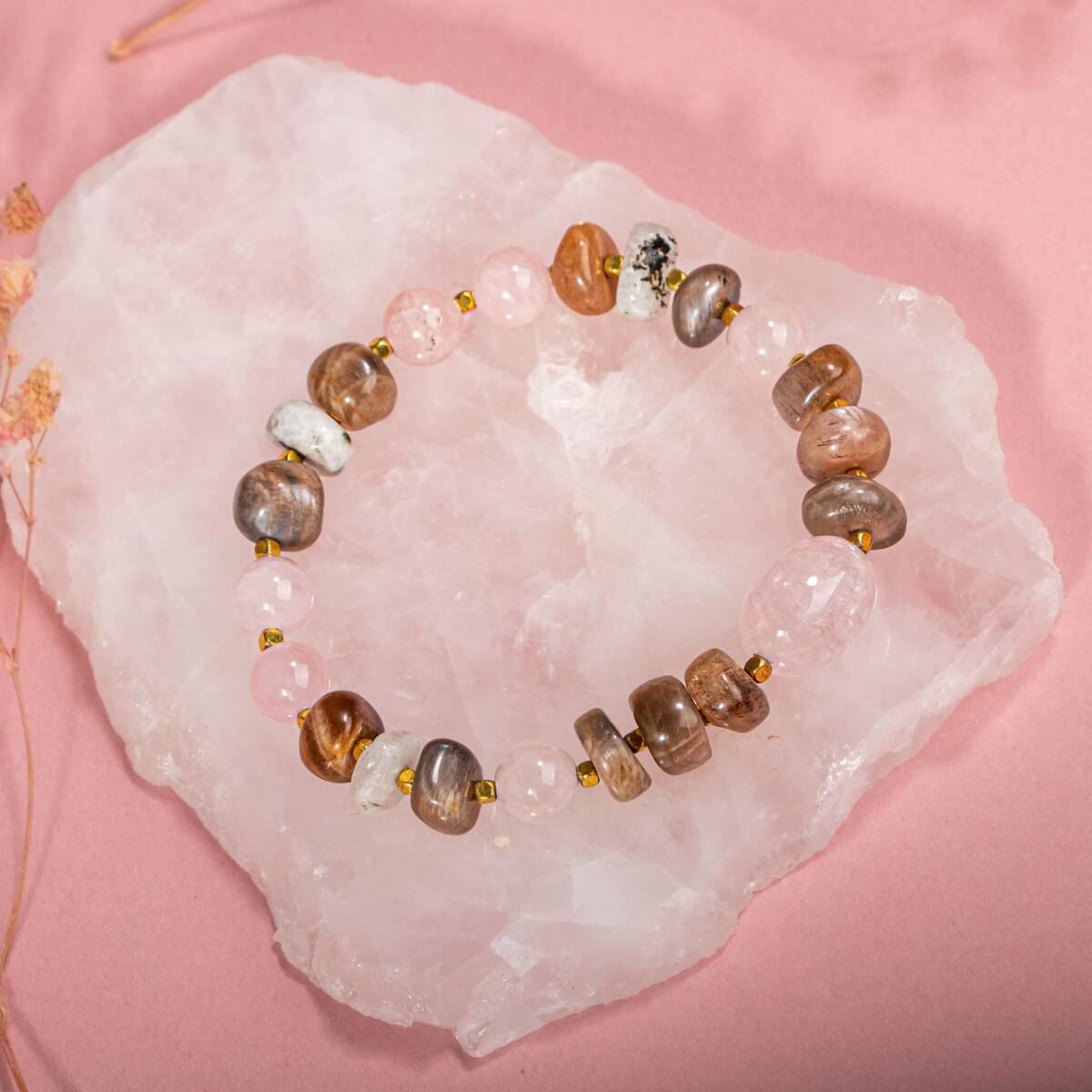 Ay Taşı-Pembe Kuvars-Güneş Taşı Doğal Taş Bileklik - 4
