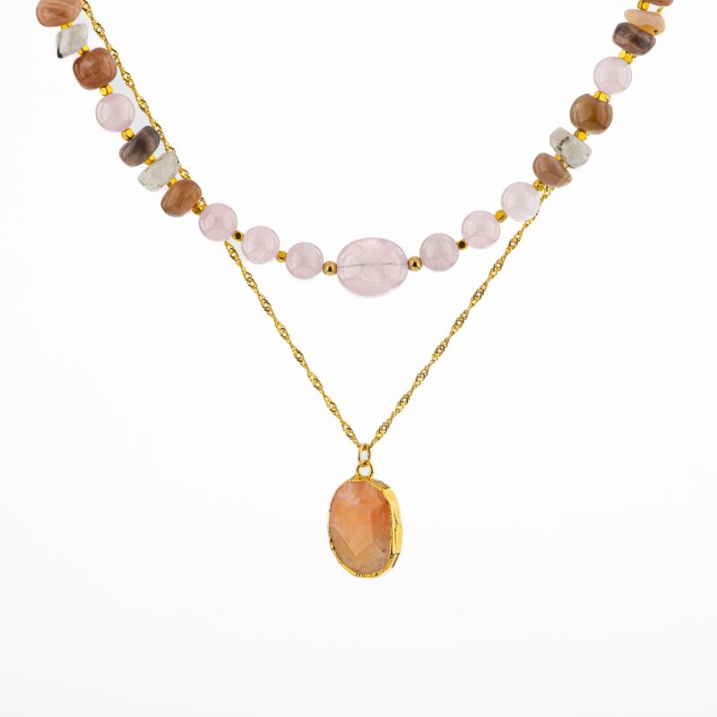 Ay Taşı-Pembe Kuvars-Güneş Taşı Doğal Taş Kolye - 2