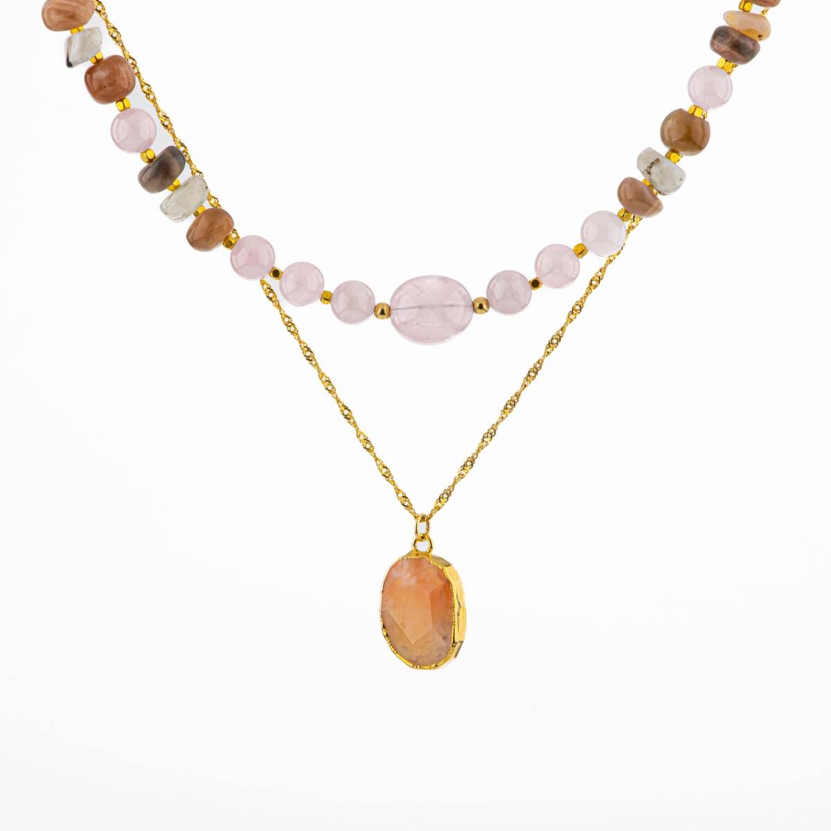 Ay Taşı-Pembe Kuvars-Güneş Taşı Doğal Taş Kolye - 2