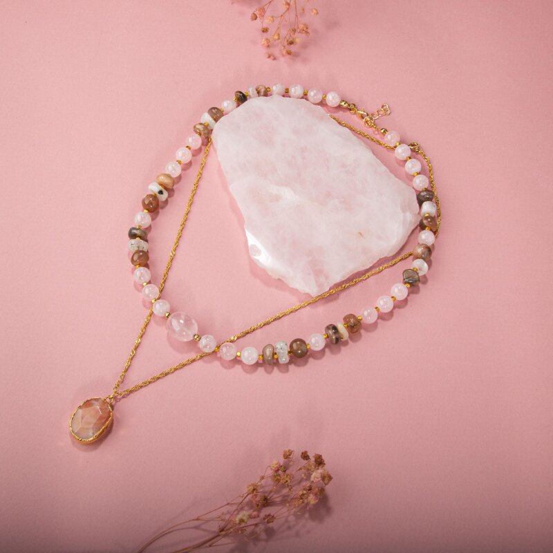 Ay Taşı-Pembe Kuvars-Güneş Taşı Doğal Taş Kolye - 4