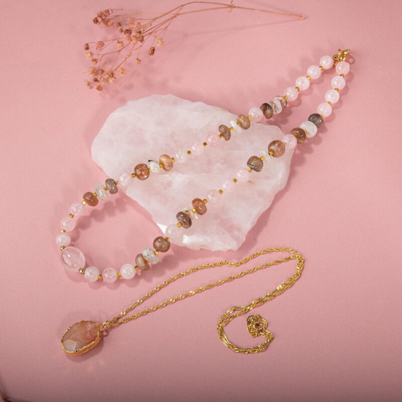 Ay Taşı-Pembe Kuvars-Güneş Taşı Doğal Taş Kolye - 5