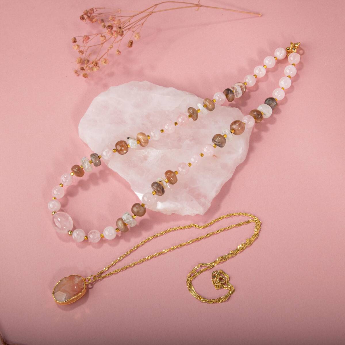 Ay Taşı-Pembe Kuvars-Güneş Taşı Doğal Taş Kolye - 5