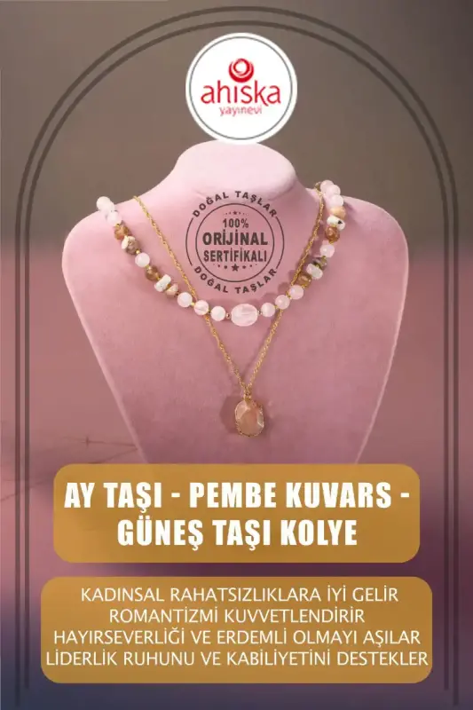 Ay Taşı-Pembe Kuvars-Güneş Taşı Doğal Taş Kolye - 1