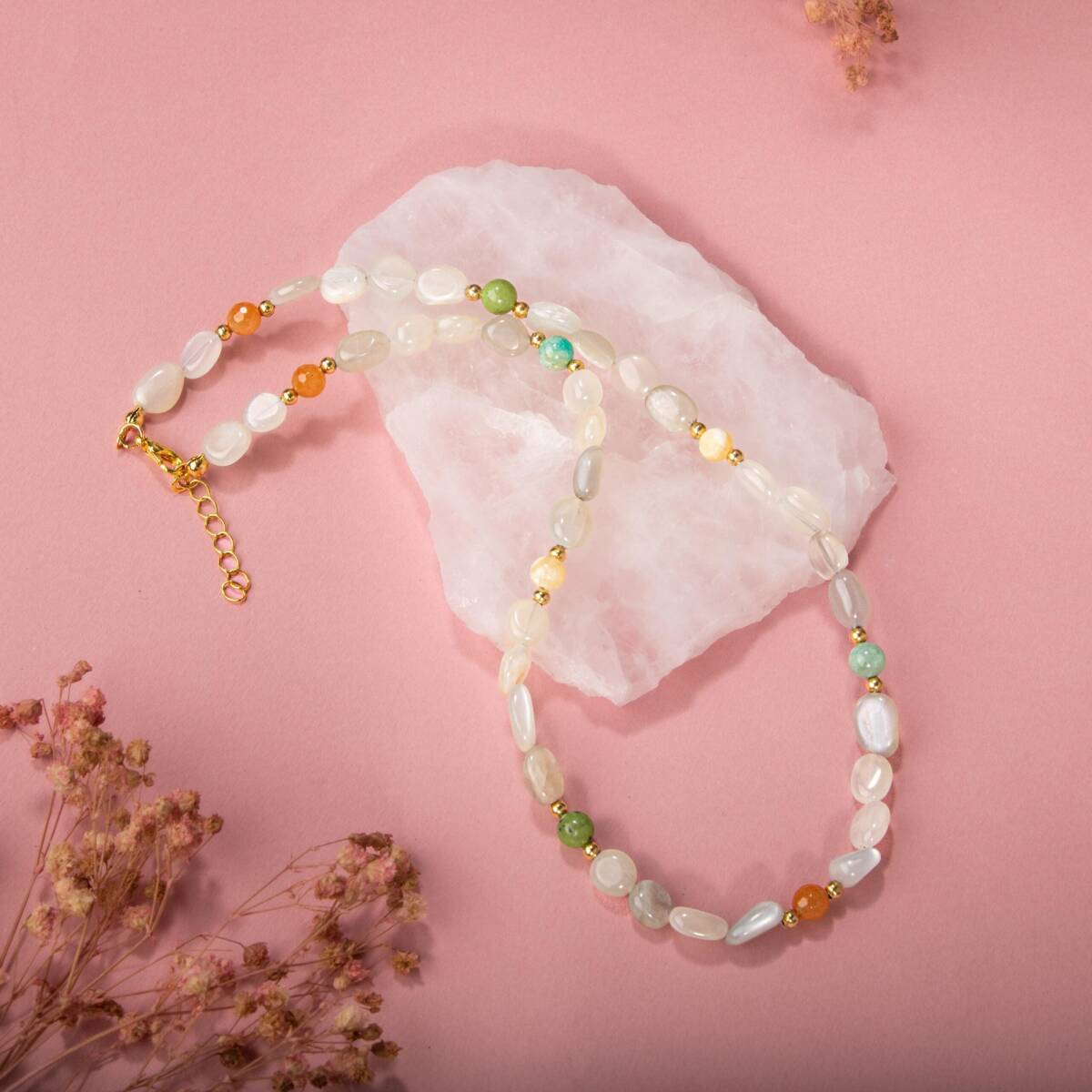 Ay Taşı-Turuncu Aventurin-Yeşim-Aragonit-Amazonit Doğal Taş Kolye - 2