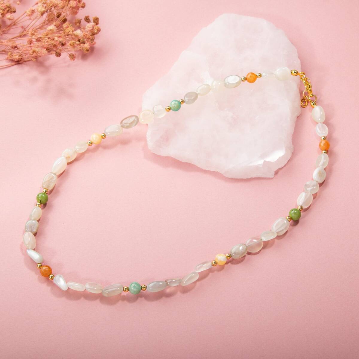 Ay Taşı-Turuncu Aventurin-Yeşim-Aragonit-Amazonit Doğal Taş Kolye - 4