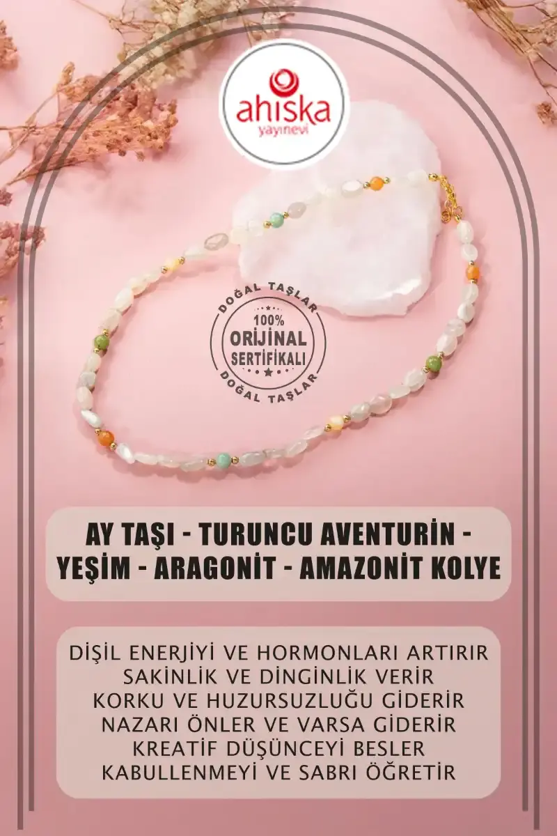 Ay Taşı-Turuncu Aventurin-Yeşim-Aragonit-Amazonit Doğal Taş Kolye - 1