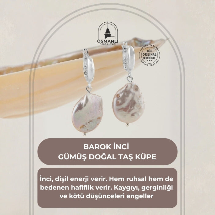 Barok İnci Gümüş Doğal Taş Küpe - 2