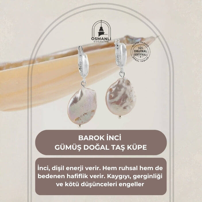 Barok İnci Gümüş Doğal Taş Küpe - 2