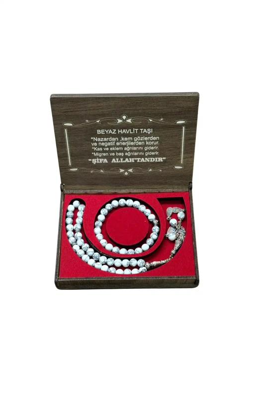 Beyaz Havlit Taşı 33 Lük Tesbih & Bileklik Set - 1