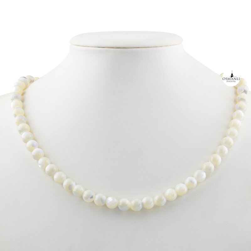 Beyaz Sedef 8 mm Dizi Doğal Taş Kolye - Doğal Taş