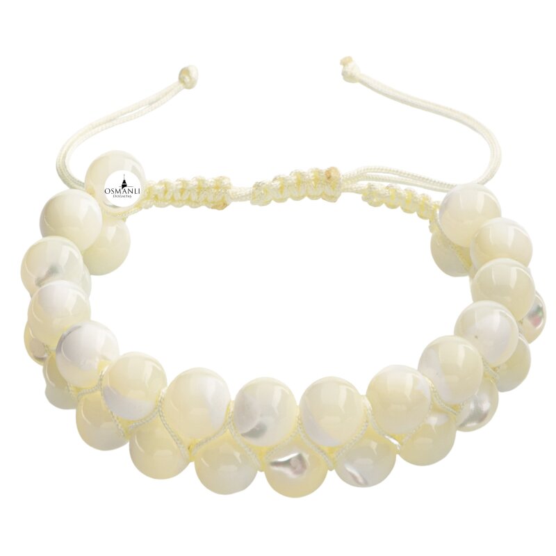 Beyaz Sedef 8mm Çift Sıra Makrome Doğal Taş Bileklik - 3