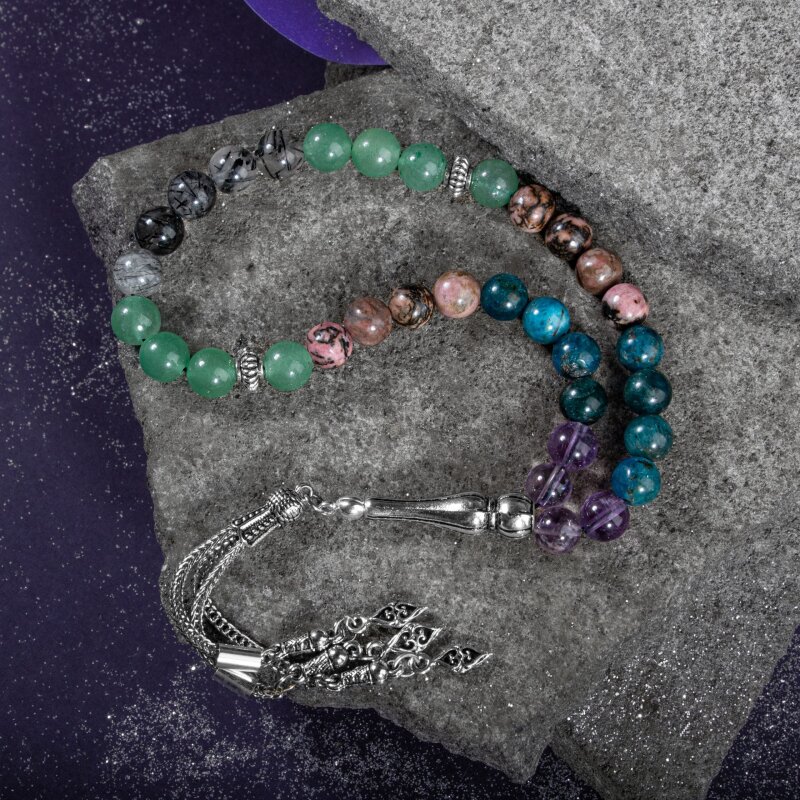Boğa Burcu Tesbih Ametrin, Mavi Apatit, Rodonit, Rutilli Kuvars, Yeşil Aventurin - Doğal Taş