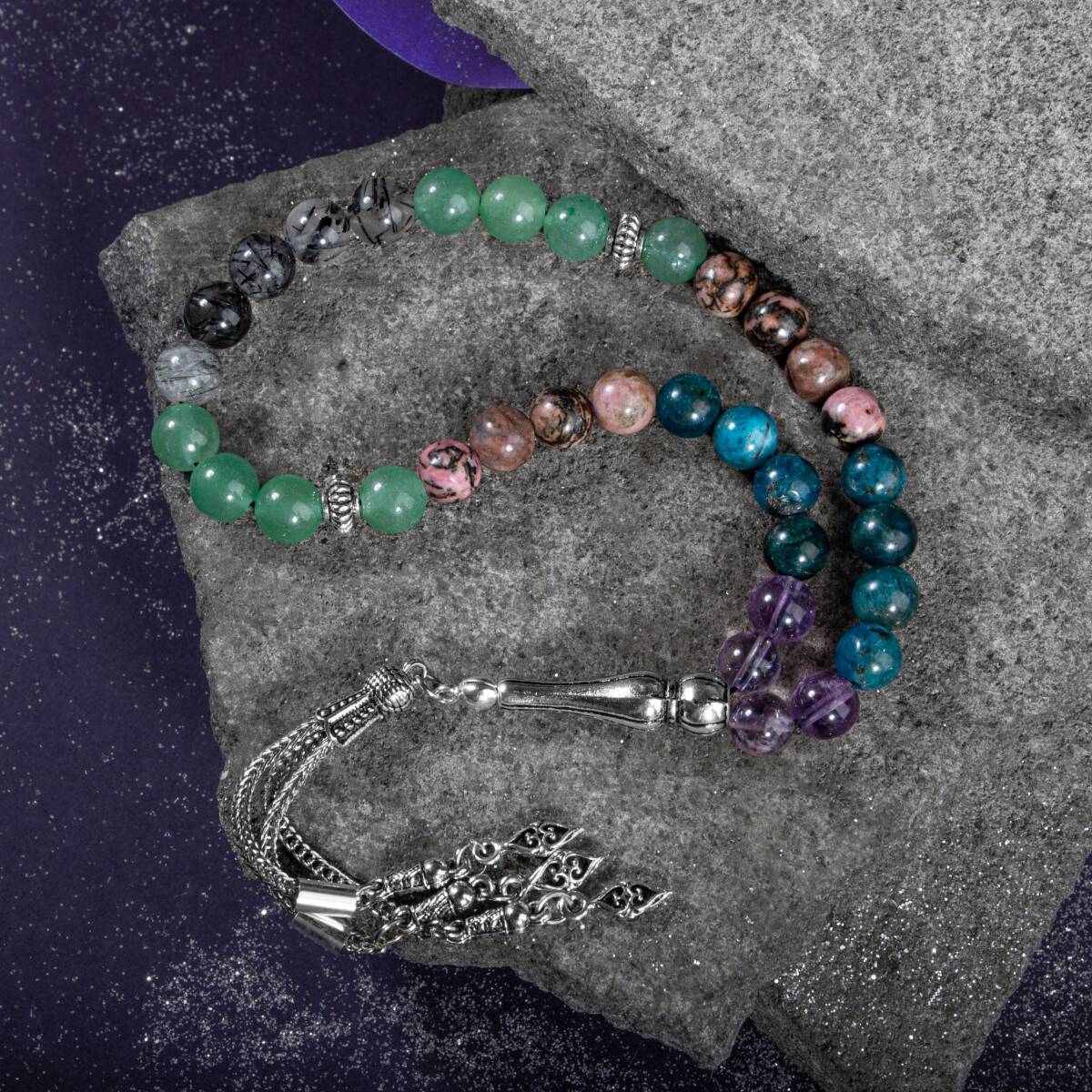 Boğa Burcu Tesbih Ametrin, Mavi Apatit, Rodonit, Rutilli Kuvars, Yeşil Aventurin - 1