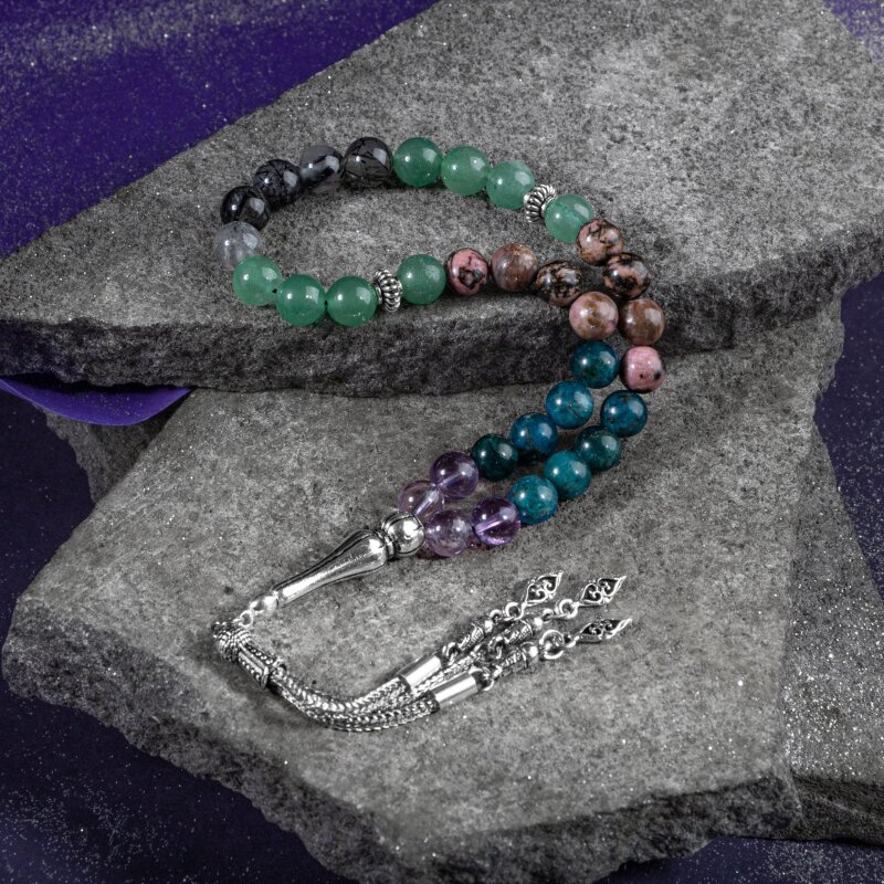 Boğa Burcu Tesbih Ametrin, Mavi Apatit, Rodonit, Rutilli Kuvars, Yeşil Aventurin - 3