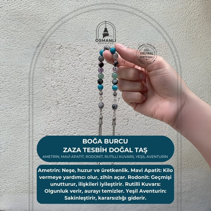 Boğa Burcu Zaza Tesbih Doğal Taş Ametrin, Mavi Apatit, Rodonit, Rutilli Kuvars, Yeşil Aventurin - 2