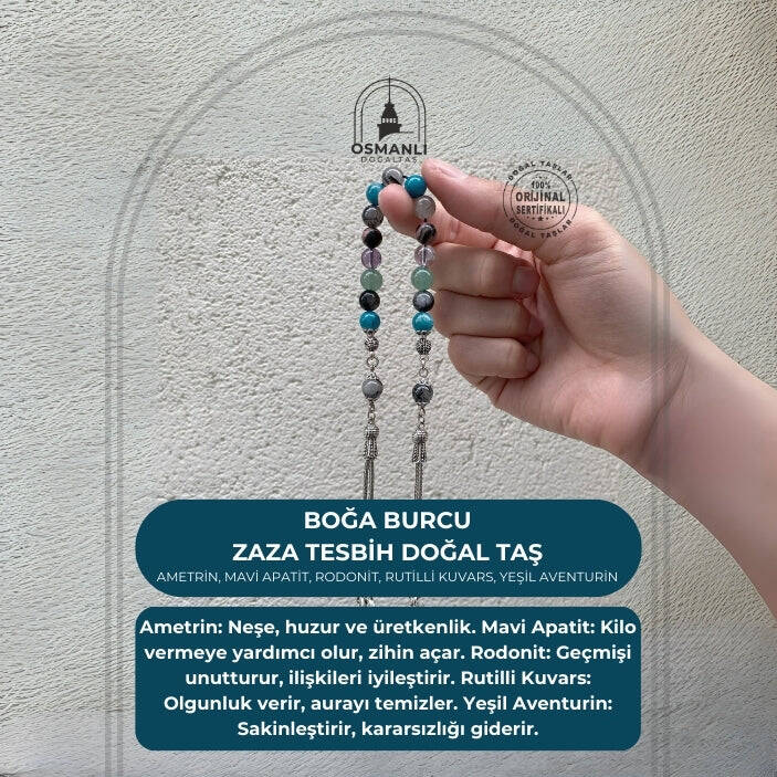 Boğa Burcu Zaza Tesbih Doğal Taş Ametrin, Mavi Apatit, Rodonit, Rutilli Kuvars, Yeşil Aventurin - 2