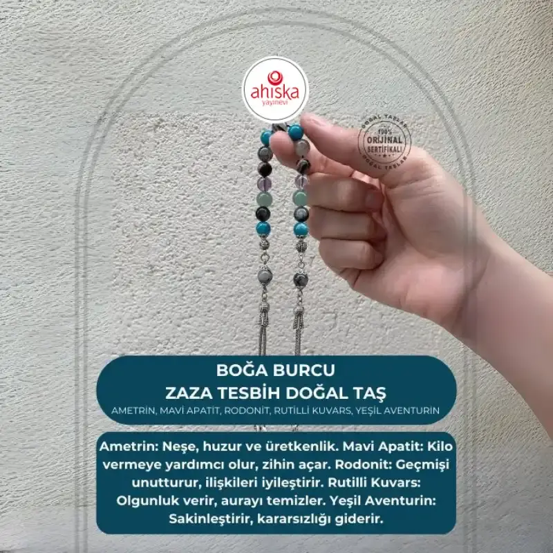 Boğa Burcu Zaza Tesbih Doğal Taş Ametrin, Mavi Apatit, Rodonit, Rutilli Kuvars, Yeşil Aventurin