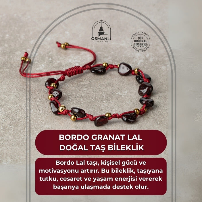 Bordo Granat Lal Natürel Kesim Doğal Taş Makrome Bileklik - 2
