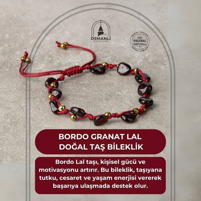 Bordo Granat Lal Natürel Kesim Doğal Taş Makrome Bileklik - 2