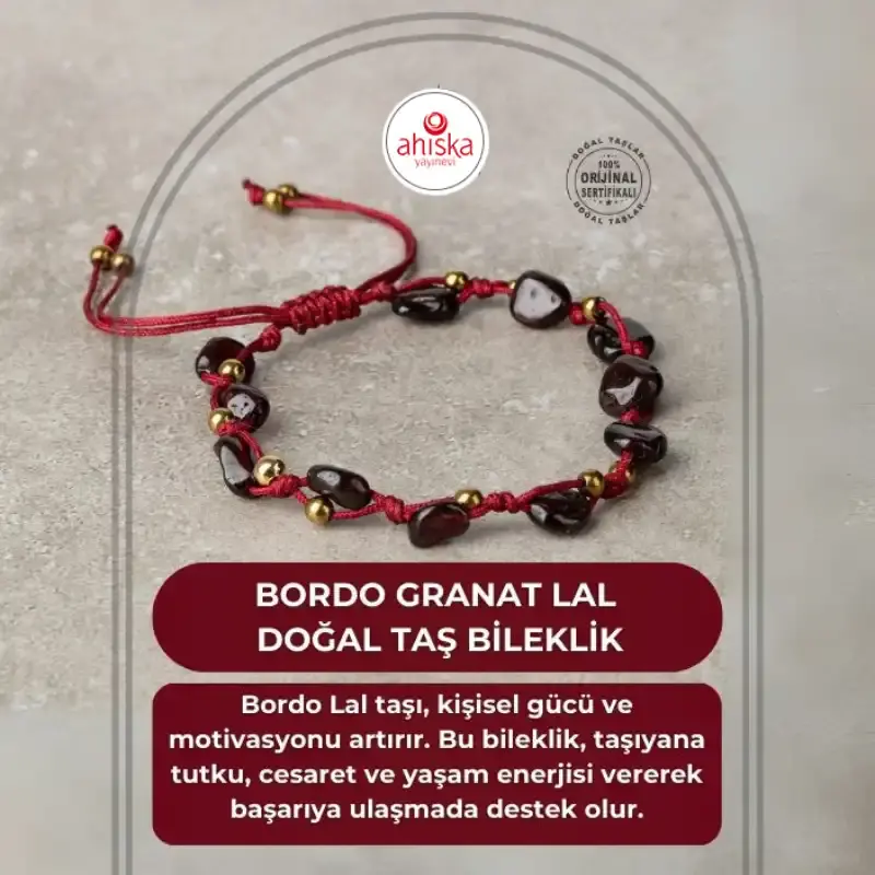 Bordo Granat Lal Natürel Kesim Doğal Taş Makrome Bileklik