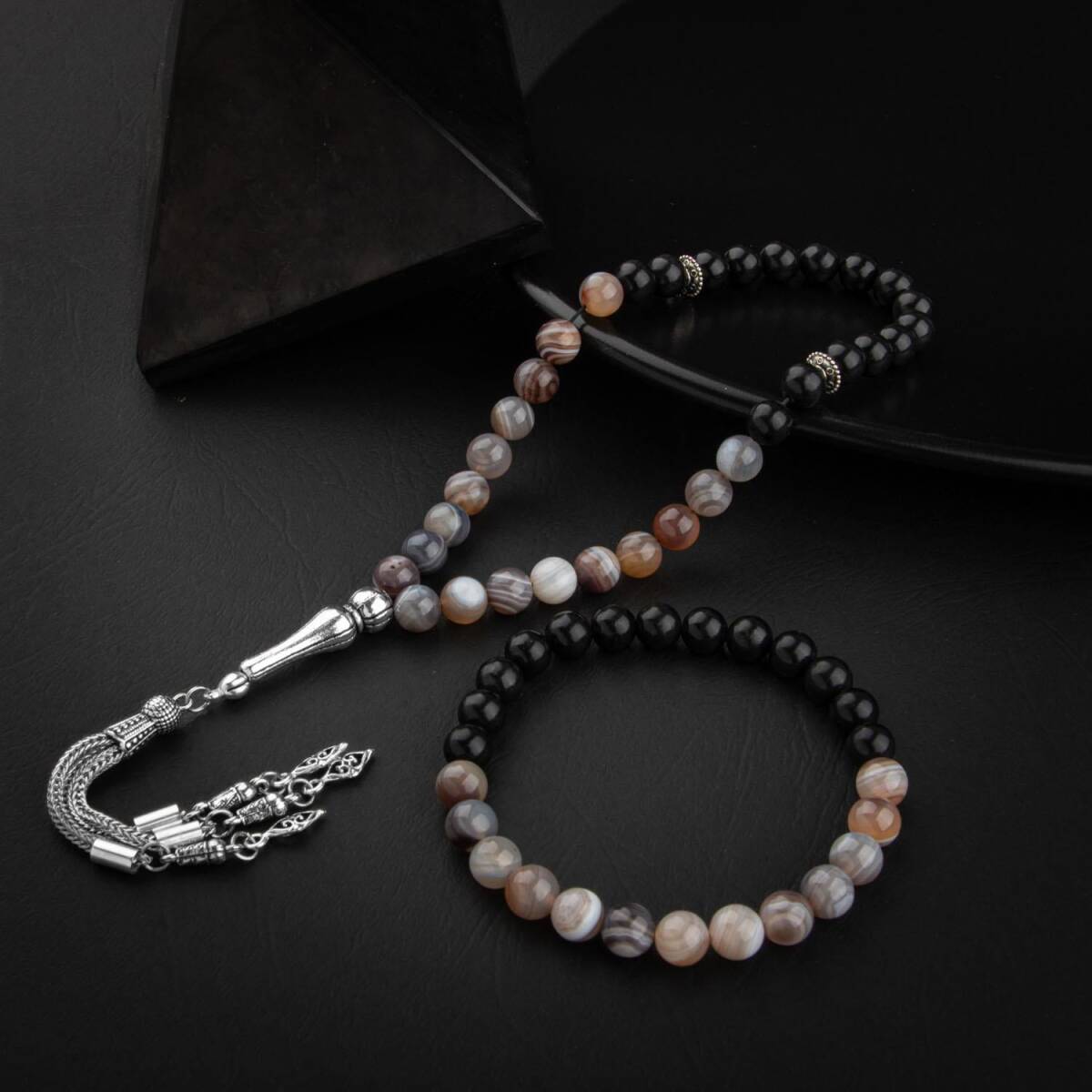 Botswana Akiği-Obsidyen Doğal Taş Tesbih Bileklik Seti - 1