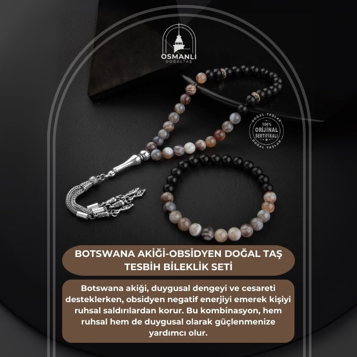 Botswana Akiği-Obsidyen Doğal Taş Tesbih Bileklik Seti - 2