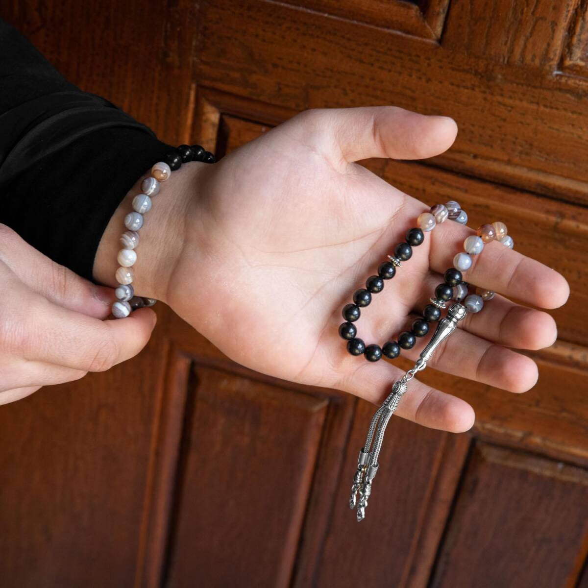 Botswana Akiği-Obsidyen Doğal Taş Tesbih Bileklik Seti - 3