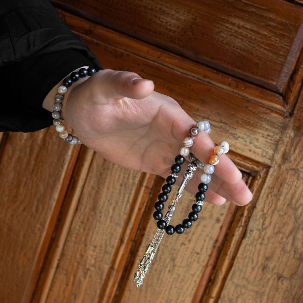 Botswana Akiği-Obsidyen Doğal Taş Tesbih Bileklik Seti - 4