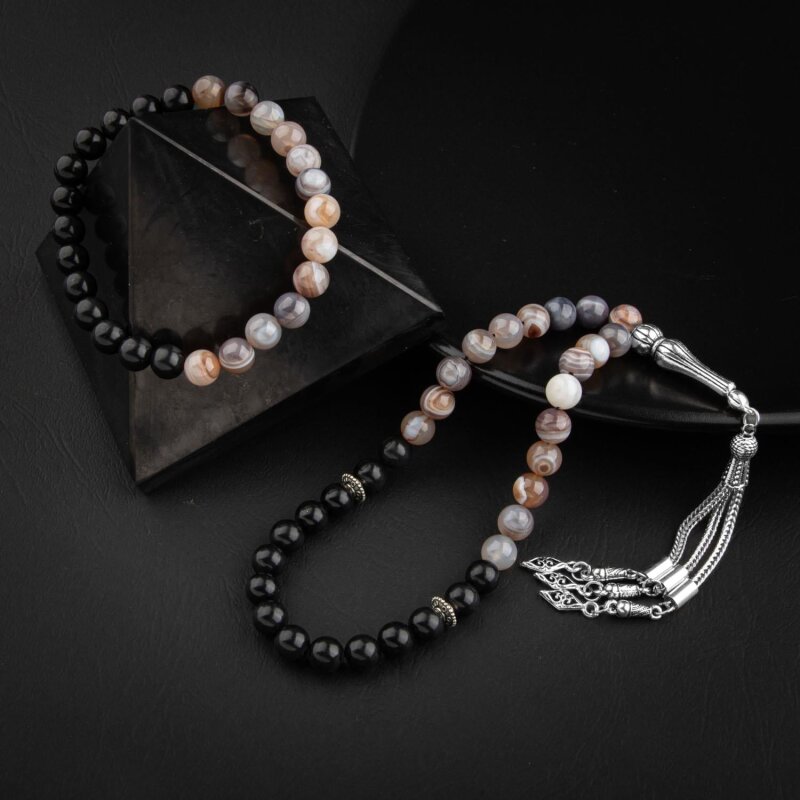 Botswana Akiği-Obsidyen Doğal Taş Tesbih Bileklik Seti - 5