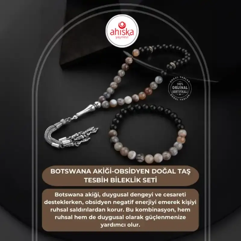 Botswana Akiği-Obsidyen Doğal Taş Tesbih Bileklik Seti - 2