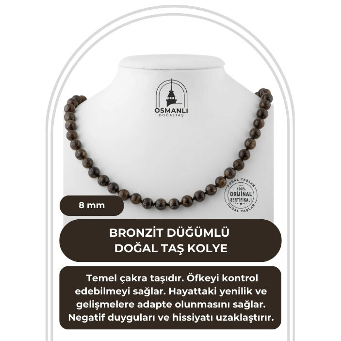 Bronzit 8 mm Düğümlü Doğal Taş Kolye - 2