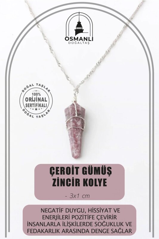 Çeroit Doğal Taş Kolye Ucu 3x1 cm, Gümüş Zincir - 2